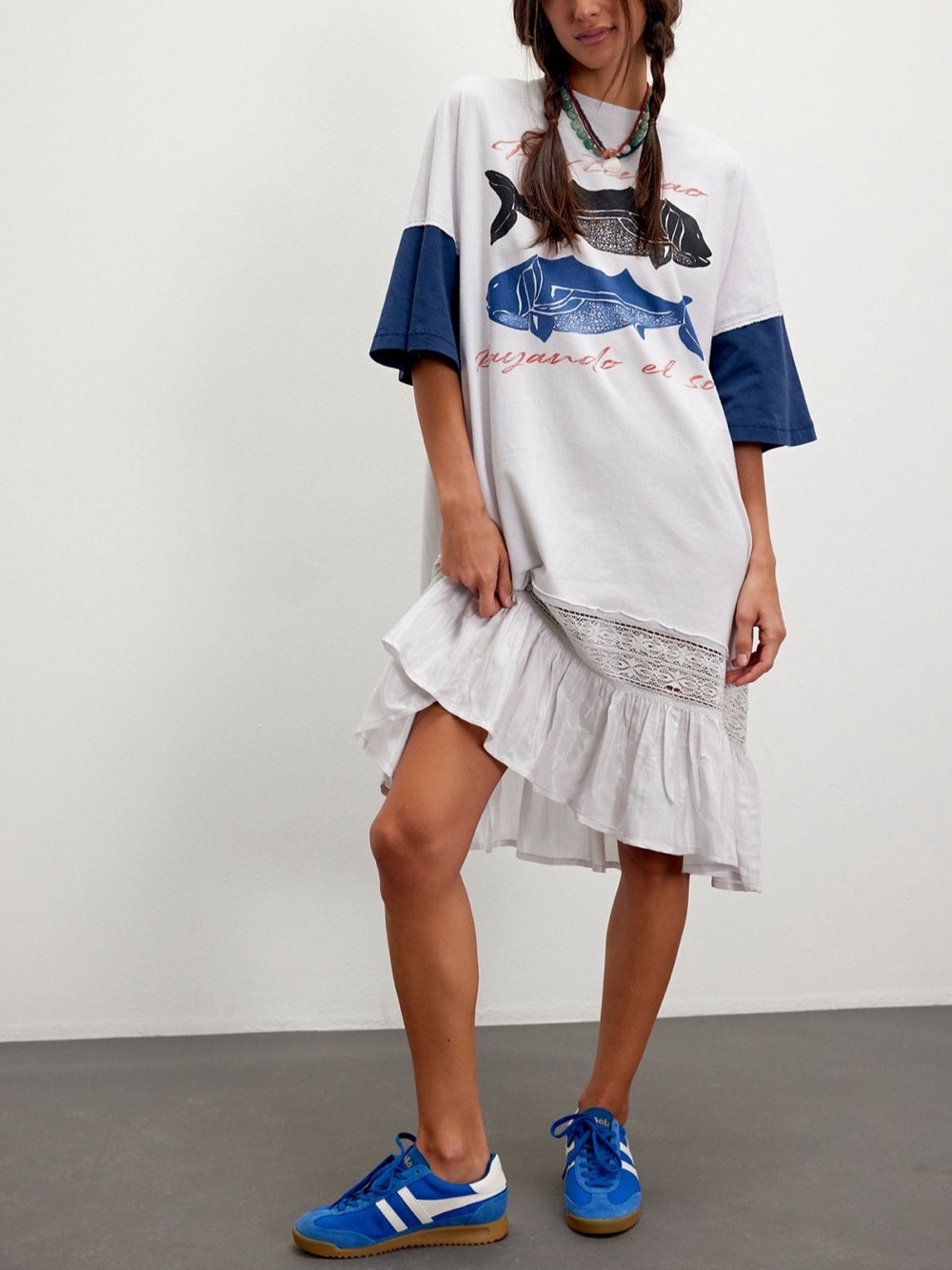 Free People Toro Fish Graphic Tee Midi Dress White Navy Coastal Boho Beach Sz L - Picture 2 of 15